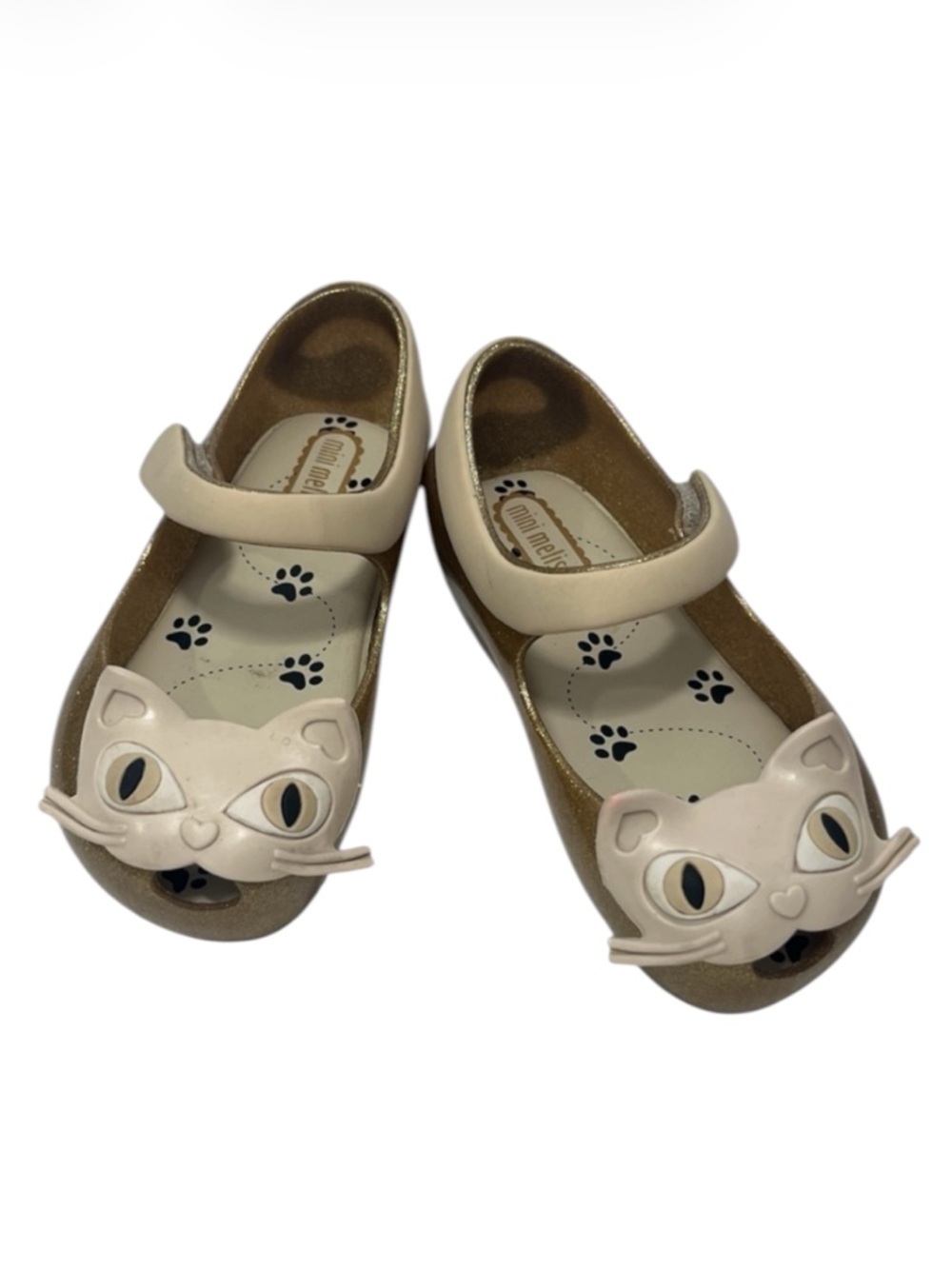 Mini Melissa Gold and Cream Cat Mary Jane Dress Shoes Toddler Size 7